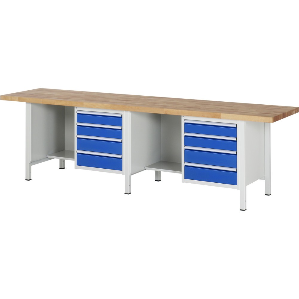 Immagine del prodotto: Banco da lavoro RAU serie 8000, 2 contenitori, AxLxP 840-1.040 x 3.000 x 700 mm, 8 cassetti estraibili al 100%