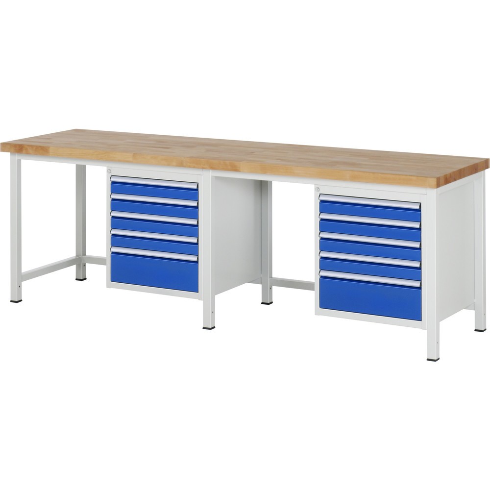 Immagine del prodotto: Banco da lavoro RAU serie 8000, 2 contenitori, HxLxP 840 x 2.500 x 700 mm, 10 cassetti estraibili al 100% 8 x 90, 2 x 180 mm