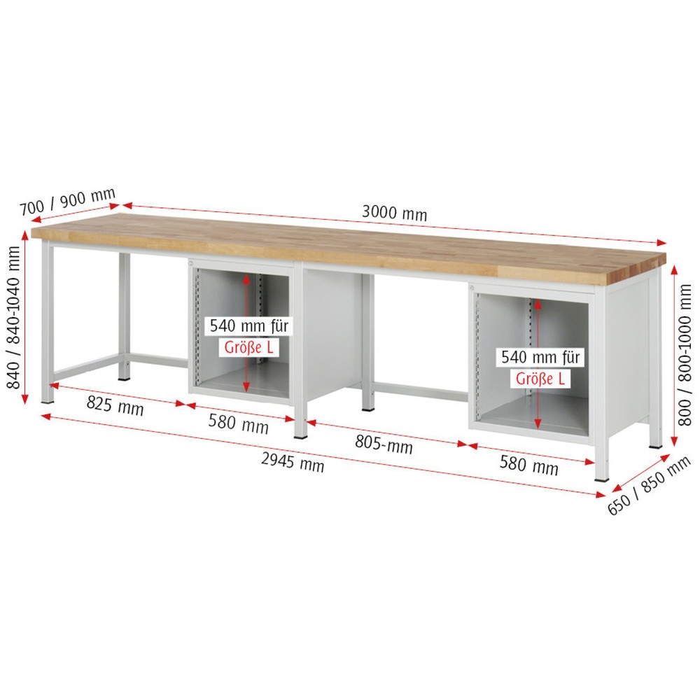 Immagine del prodotto n. 3: Banco da lavoro RAU serie 8000, 2 contenitori, 1 anta battente, AxLxP 840 x 3.000 x 700 mm, 2 cassetti