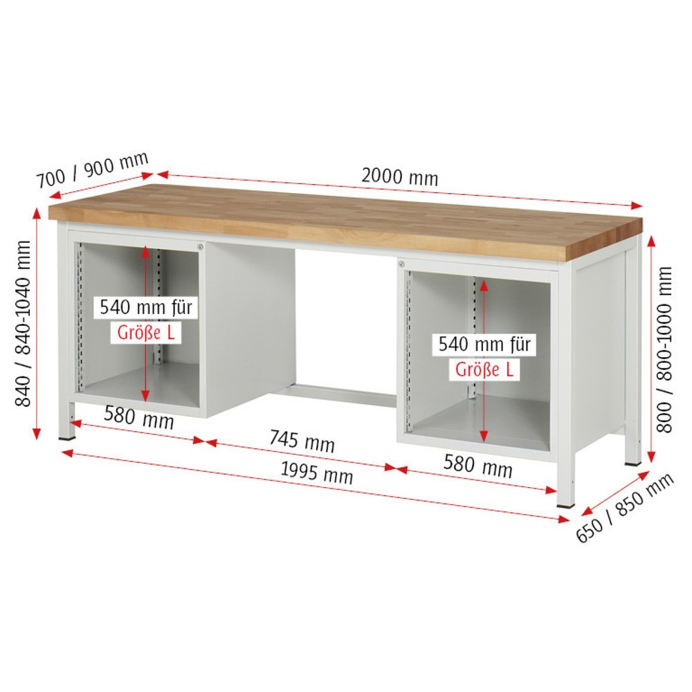 Immagine del prodotto n. 6: Banco da lavoro RAU serie 8000, 2 contenitori, AxLxP 840-1.040 x 2.000 x 700 mm, 8 cassetti estraibili al 90% 4 x 90, 2 x 150, 2 x 210 mm