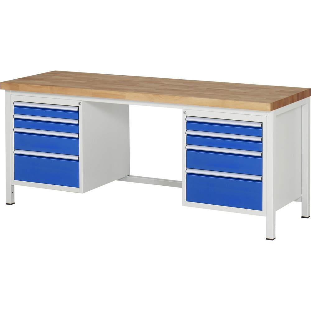 Immagine del prodotto: Banco da lavoro RAU serie 8000, 2 contenitori, AxLxP 840-1.040 x 2.000 x 700 mm, 8 cassetti estraibili al 90% 4 x 90, 2 x 150, 2 x 210 mm