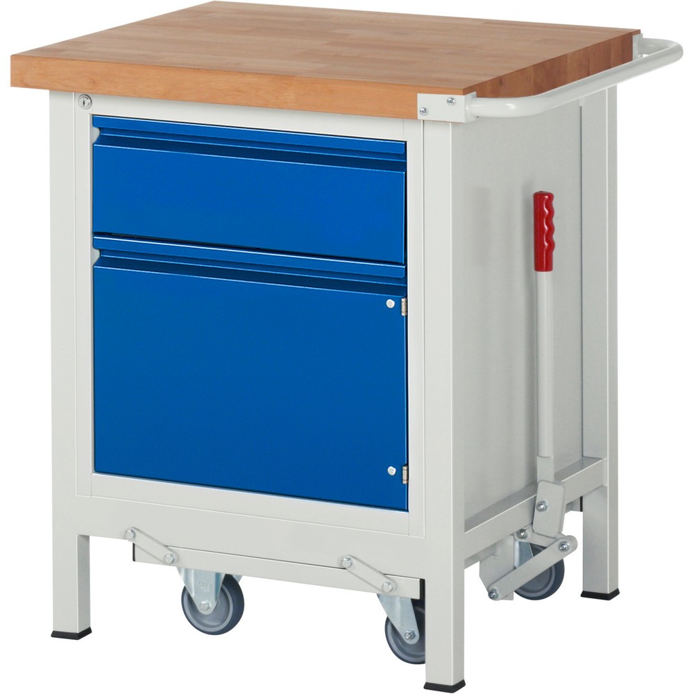 Immagine del prodotto: Banco da lavoro RAU serie 8000 con telaio abbassabile, 1 contenitore, AxLxP 880 x 750 x 700 mm, 1 cassetto estraibile al 90%, 1 anta battente