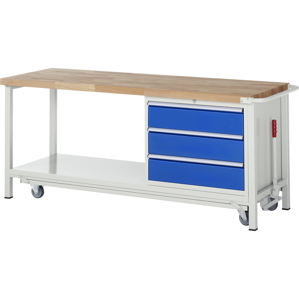 RAU Banco da lavoro con carrello Serie 8000, HxLxP 880 x 2.000 x 700 mm, 1 contenitore a destra nella base, con 3 cassetti Immagine del prodotto: RAU Banco da lavoro con carrello Serie 8000, HxLxP 880 x 2.000 x 700 mm, 1 contenitore a destra nella base, con 3 cassetti