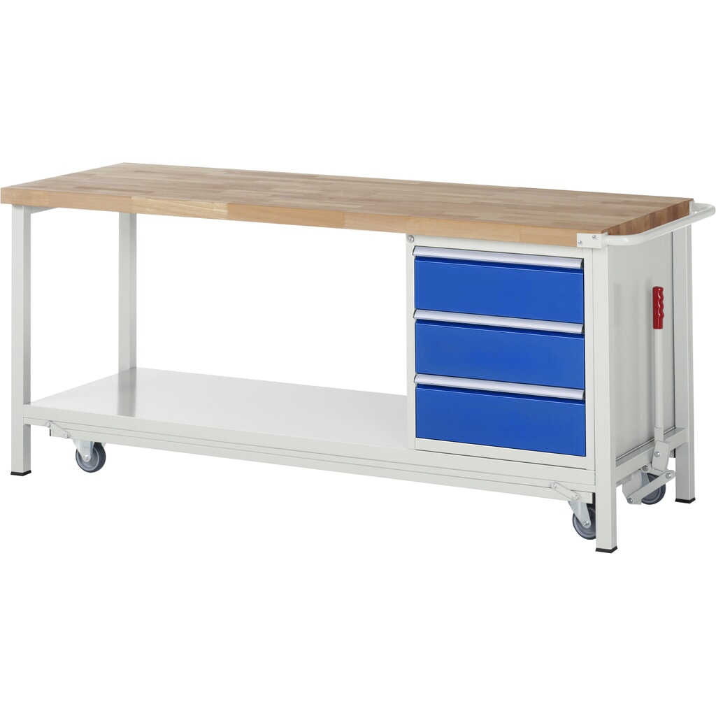 Immagine del prodotto: RAU Banco da lavoro con carrello Serie 8000, HxLxP 880 x 2.000 x 700 mm, 1 contenitore a destra nella base, con 3 cassetti