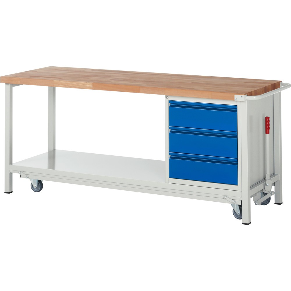 Immagine del prodotto n. 1: Banco da lavoro RAU serie 8000 con telaio abbassabile, 1 contenitore, 1 piano di appoggio, AxLxP 880 x 2.000 x 700 mm, 3 cassetti estraibili al 90%, portata cassetti 100 kg