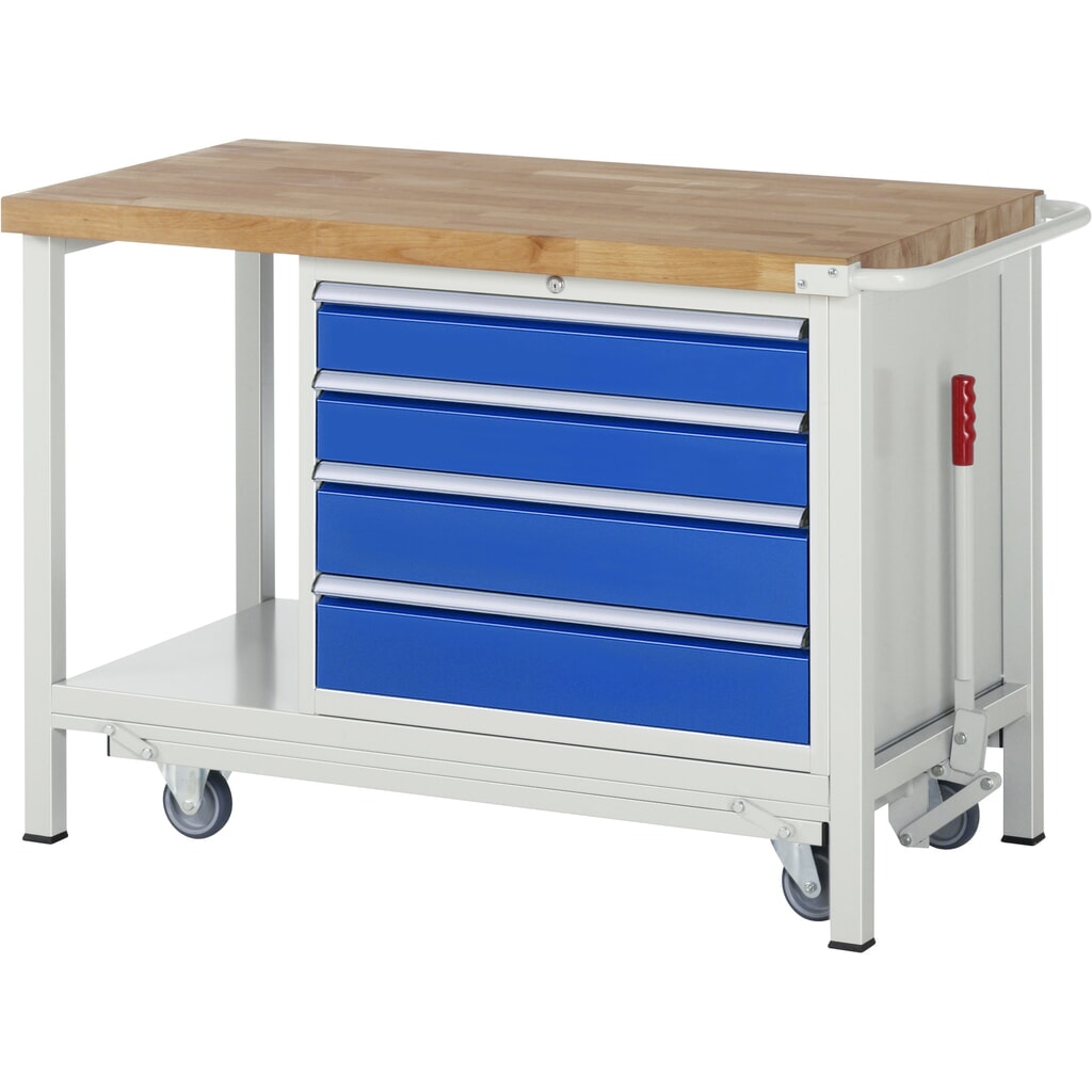 RAU Banco da lavoro con carrello Serie 8000, HxLxP 880 x 1.250 x 700 mm, 1 contenitore a destra nella base, con 4 cassetti Immagine del prodotto: RAU Banco da lavoro con carrello Serie 8000, HxLxP 880 x 1.250 x 700 mm, 1 contenitore a destra nella base, con 4 cassetti