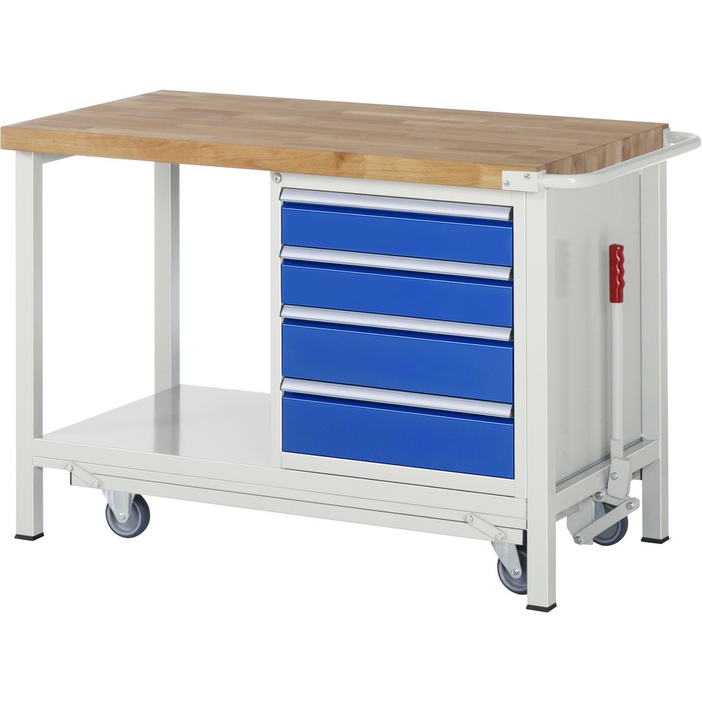Immagine del prodotto: Banco da lavoro RAU serie 8000 con telaio abbassabile, 1 contenitore, 1 piano di appoggio, AxLxP 880 x 1.250 x 700 mm, 4 cassetti, portata cassetti 100 kg