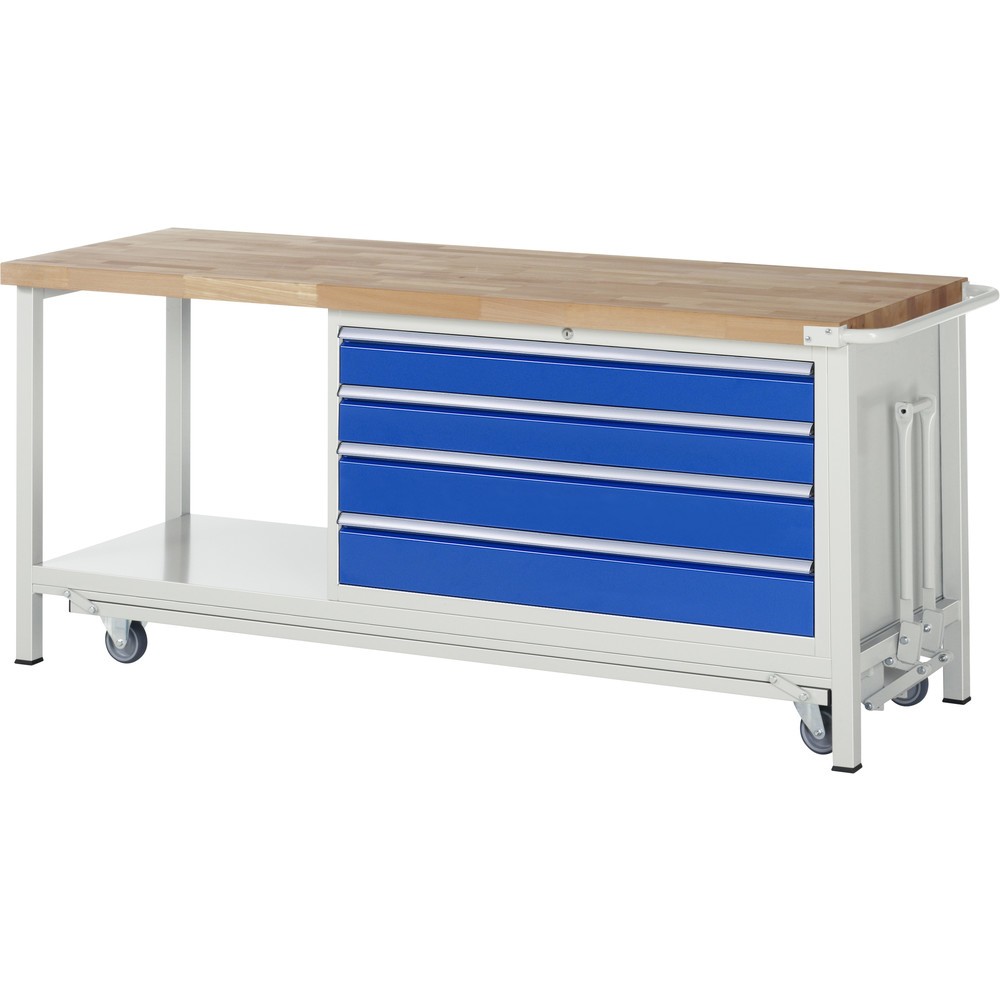 Immagine del prodotto n. 1: Banco da lavoro RAU serie 8000 con telaio abbassabile, 1 contenitore, 1 piano di appoggio, AxLxP 880 x 2.000 x 700 mm, 4 cassetti, portata cassetti 50 kg
