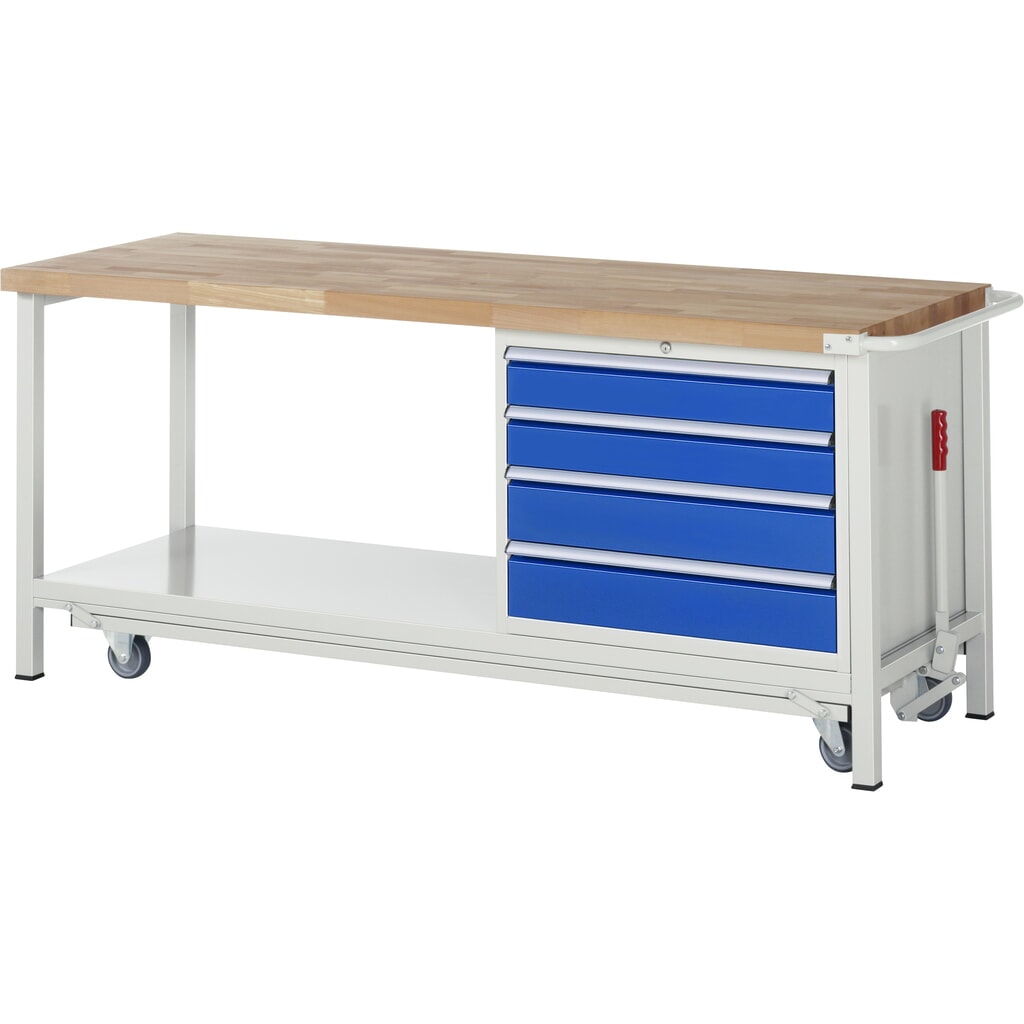 Immagine del prodotto: RAU Banco da lavoro con carrello Serie 8000, HxLxP 880 x 2.000 x 700 mm, 1 contenitore a destra nella base, con 4 cassetti