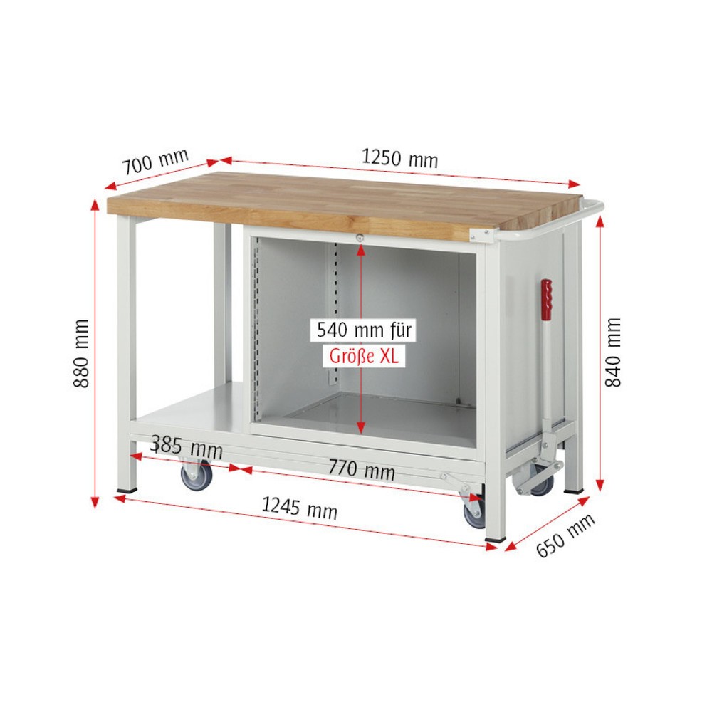 Immagine del prodotto n. 6: Banco da lavoro RAU serie 8000 con telaio abbassabile, 1 contenitore, 1 piano di appoggio, AxLxP 880 x 1.250 x 700 mm, 2 cassetti estraibili al 90%