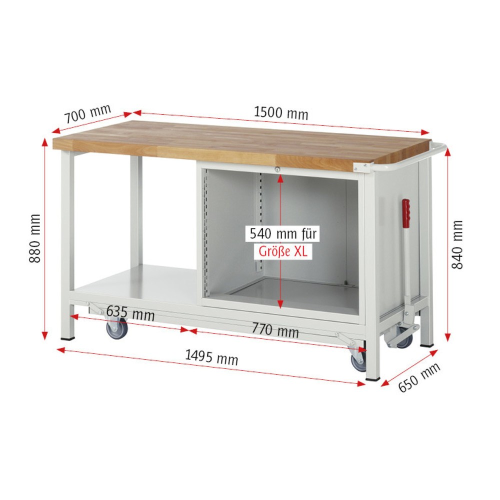 Immagine del prodotto n. 6: Banco da lavoro RAU serie 8000 con telaio abbassabile, 1 contenitore, 1 piano di appoggio, AxLxP 880 x 1.500 x 700 mm, 2 cassetti estraibili al 90%