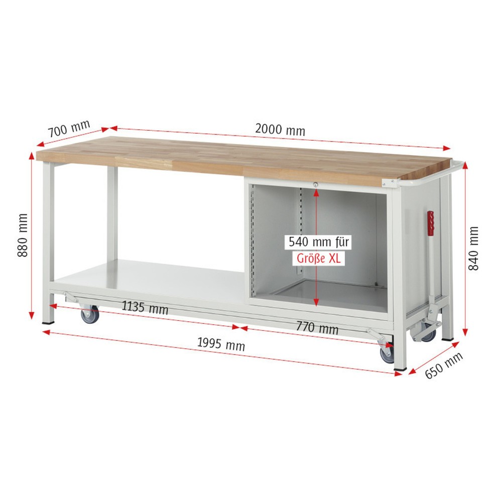 Immagine del prodotto n. 6: Banco da lavoro RAU serie 8000 con telaio abbassabile, 1 contenitore, 1 piano di appoggio, AxLxP 880 x 2.000 x 700 mm, 2 cassetti estraibili al 90%