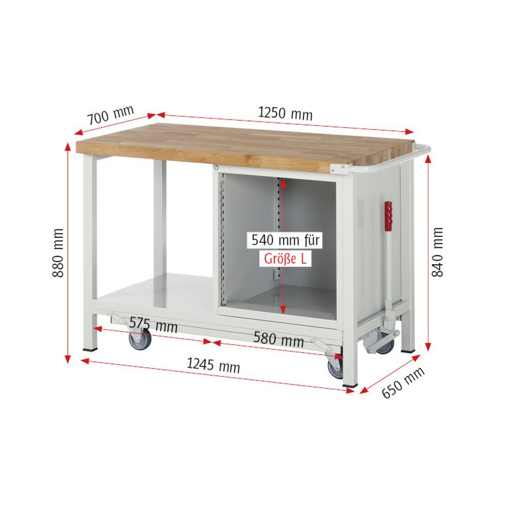 Immagine del prodotto n. 7: Banco da lavoro RAU serie 8000 con telaio abbassabile, 1 contenitore, 1 piano di appoggio, AxLxP 880 x 1.250 x 700 mm, 4 cassetti, portata cassetti 100 kg