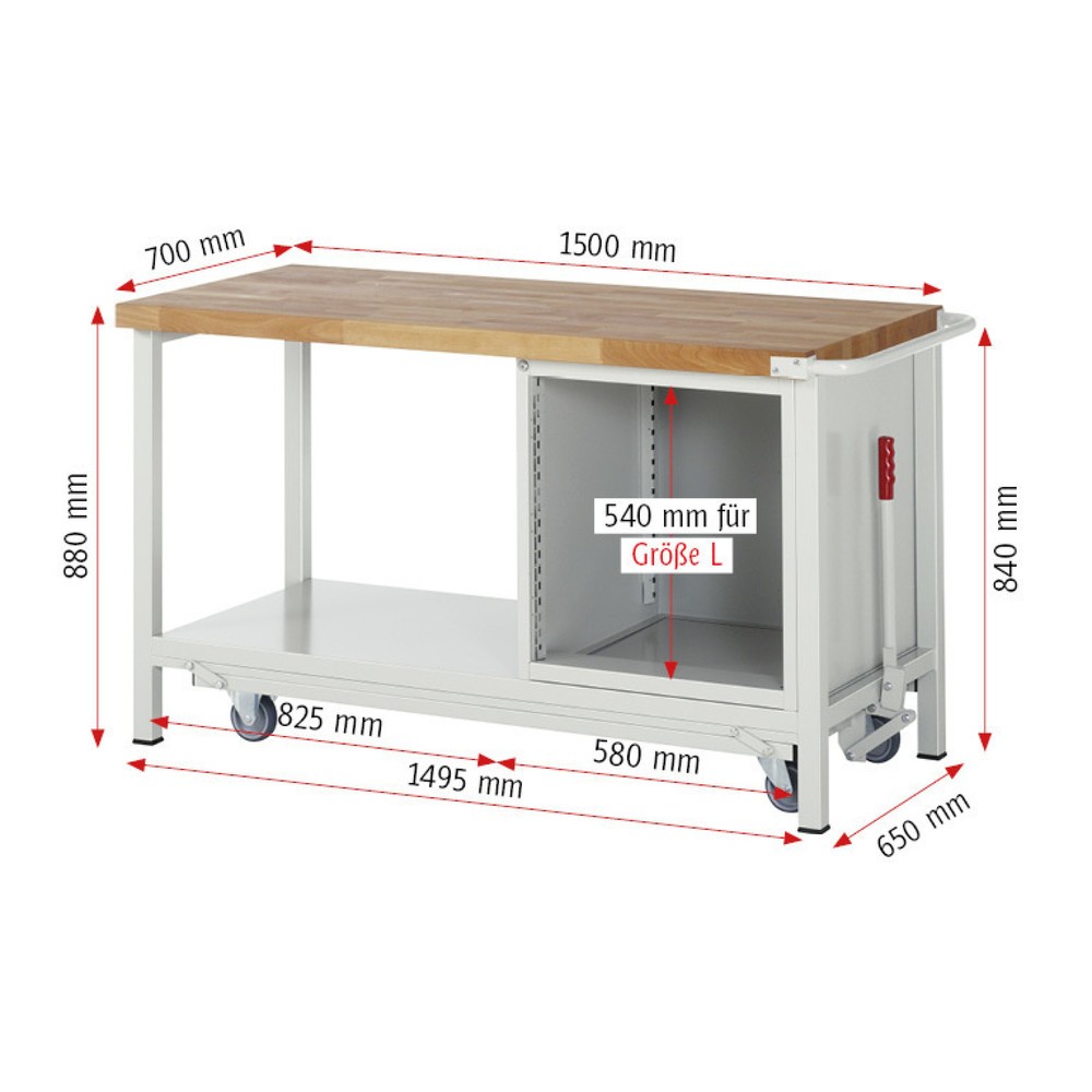 Immagine del prodotto n. 6: Banco da lavoro RAU serie 8000 con telaio abbassabile, 1 contenitore, 1 piano di appoggio, AxLxP 880 x 1.500 x 700 mm, 5 cassetti estraibili al 100%, portata cassetti 100 kg