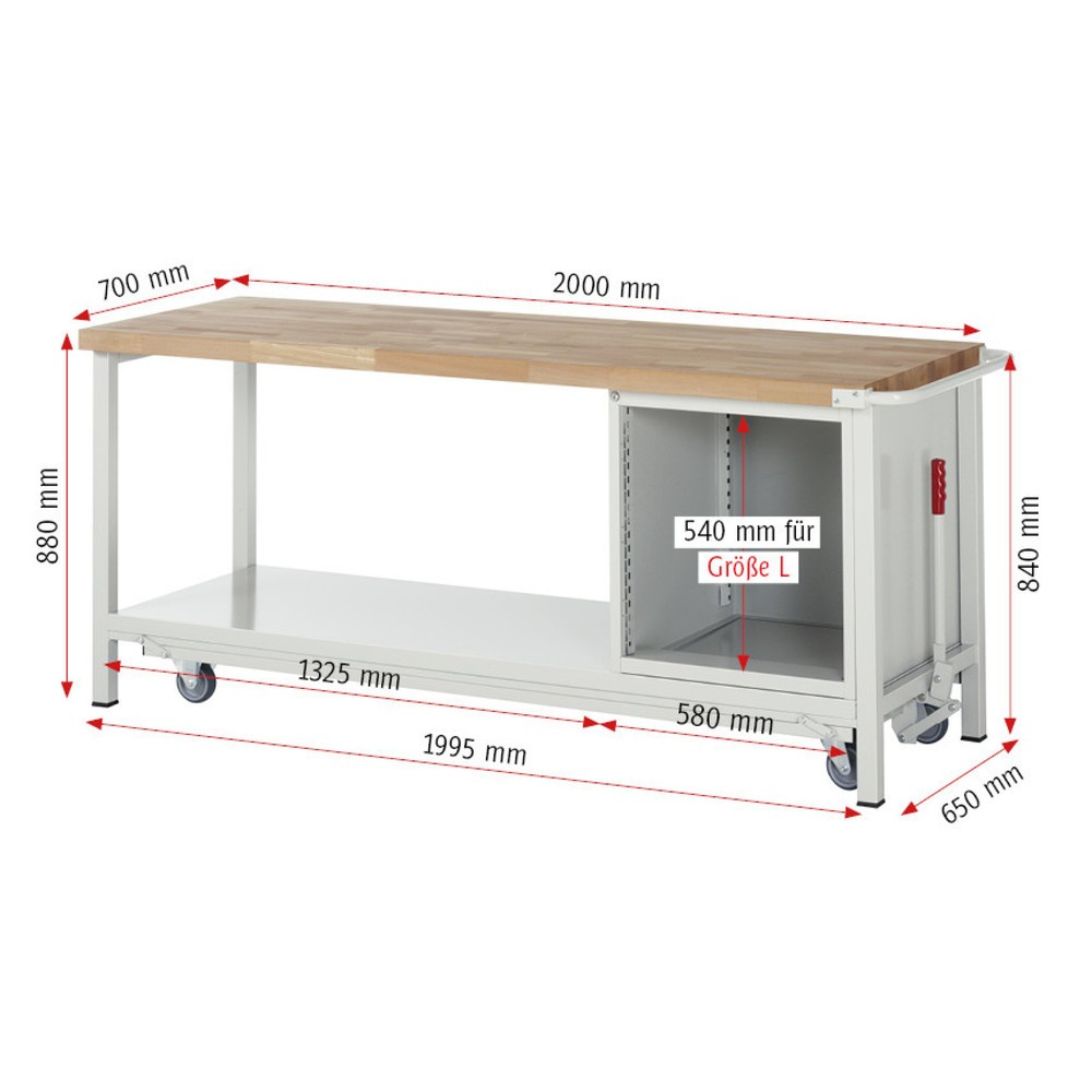 Immagine del prodotto n. 6: Banco da lavoro RAU serie 8000 con telaio abbassabile, 1 contenitore, 1 piano di appoggio, AxLxP 880 x 2.000 x 700 mm, 3 cassetti estraibili al 100%, portata cassetti 100 kg