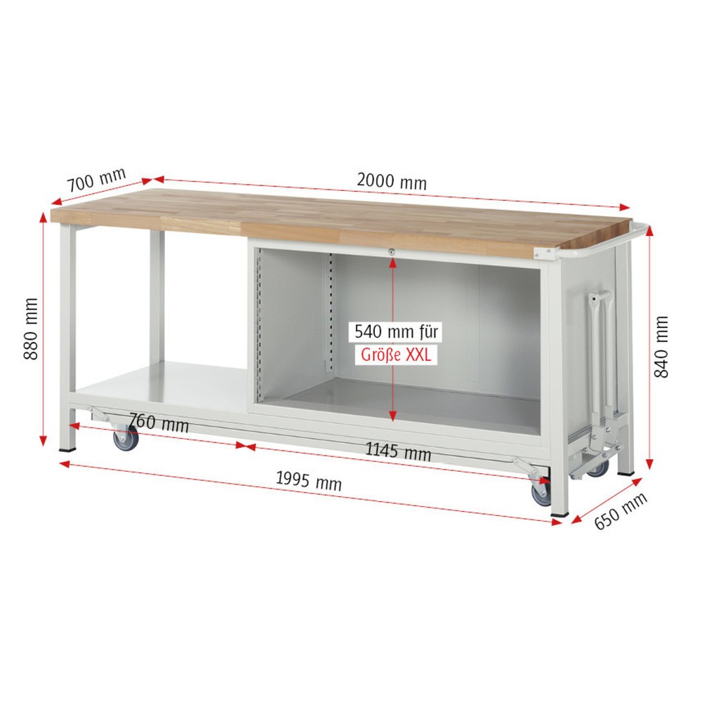 Immagine del prodotto n. 6: Banco da lavoro RAU serie 8000 con telaio abbassabile, 1 contenitore, 1 piano di appoggio, AxLxP 880 x 2.000 x 700 mm, 4 cassetti, portata cassetti 50 kg