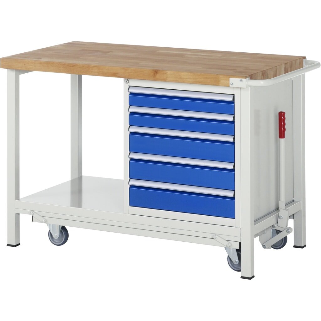 RAU Banco da lavoro con carrello Serie 8000, HxLxP 880 x 1.250 x 700 mm, 1 contenitore a destra nella base, con 5 cassetti Immagine del prodotto: RAU Banco da lavoro con carrello Serie 8000, HxLxP 880 x 1.250 x 700 mm, 1 contenitore a destra nella base, con 5 cassetti