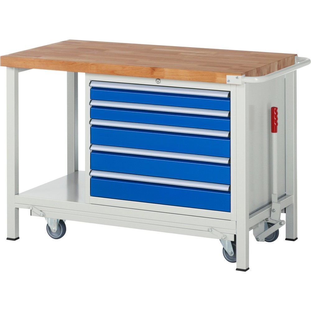 Immagine del prodotto n. 1: Banco da lavoro RAU serie 8000 con telaio abbassabile, 1 contenitore, 1 piano di appoggio, AxLxP 880 x 1.250 x 700 mm, 5 cassetti estraibili al 90%, portata cassetti 75 kg