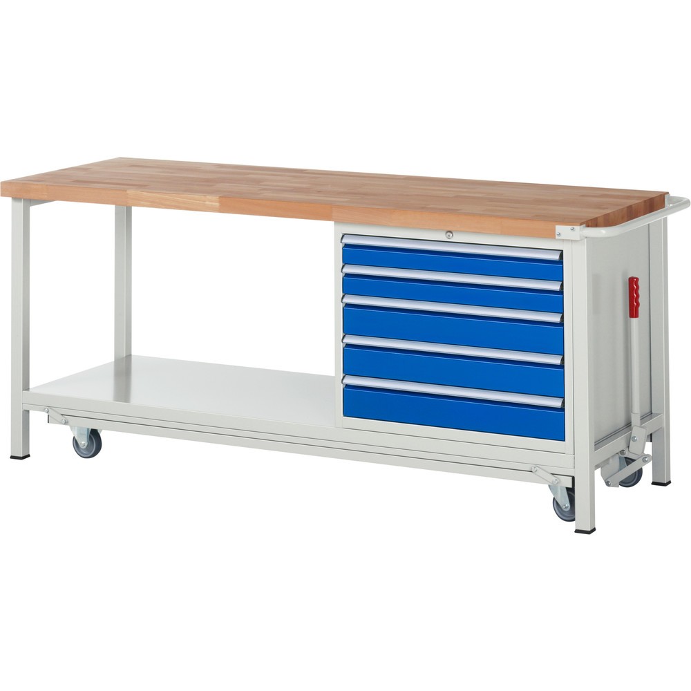 Immagine del prodotto n. 1: Banco da lavoro RAU serie 8000 con telaio abbassabile, 1 contenitore, 1 piano di appoggio, AxLxP 880 x 2.000 x 700 mm, 5 cassetti estraibili al 100%, portata cassetti 75 kg