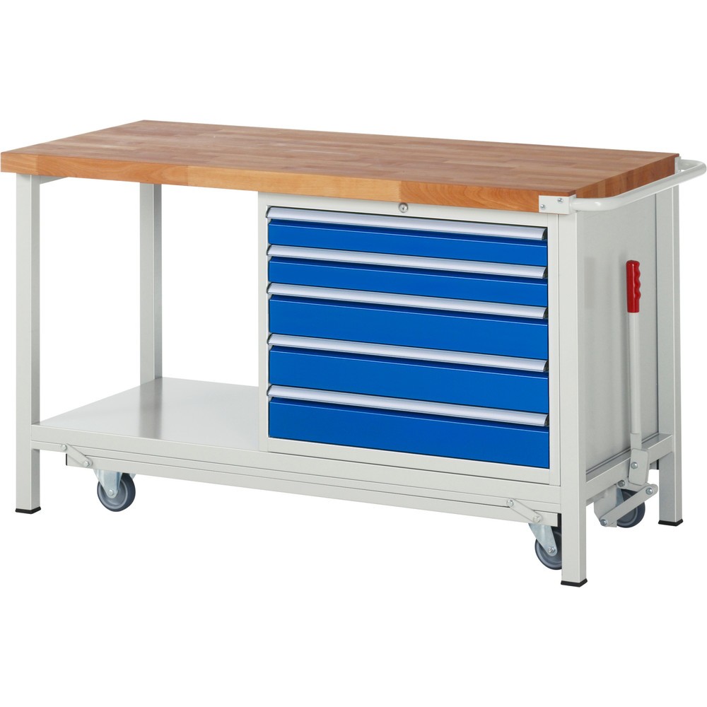 Immagine del prodotto n. 1: Banco da lavoro RAU serie 8000 con telaio abbassabile, 1 contenitore, 1 piano di appoggio, AxLxP 880 x 1.500 x 700 mm, 5 cassetti estraibili al 100%, portata cassetti 75 kg