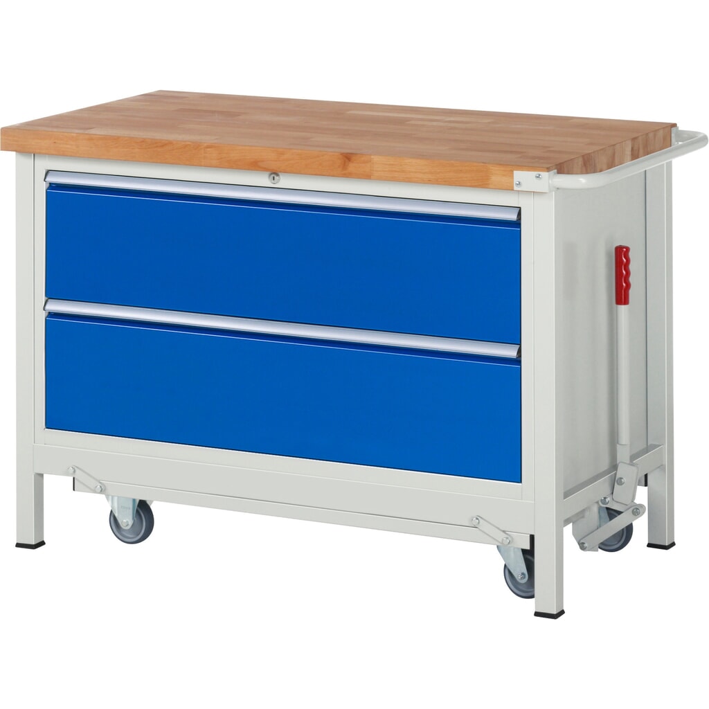 Immagine del prodotto: Banco da lavoro RAU serie 8000 con telaio abbassabile, 1 contenitore, AxLxP 880 x 1.250 x 700 mm, 2 cassetti estraibili al 100%, portata cassetti 50 kg