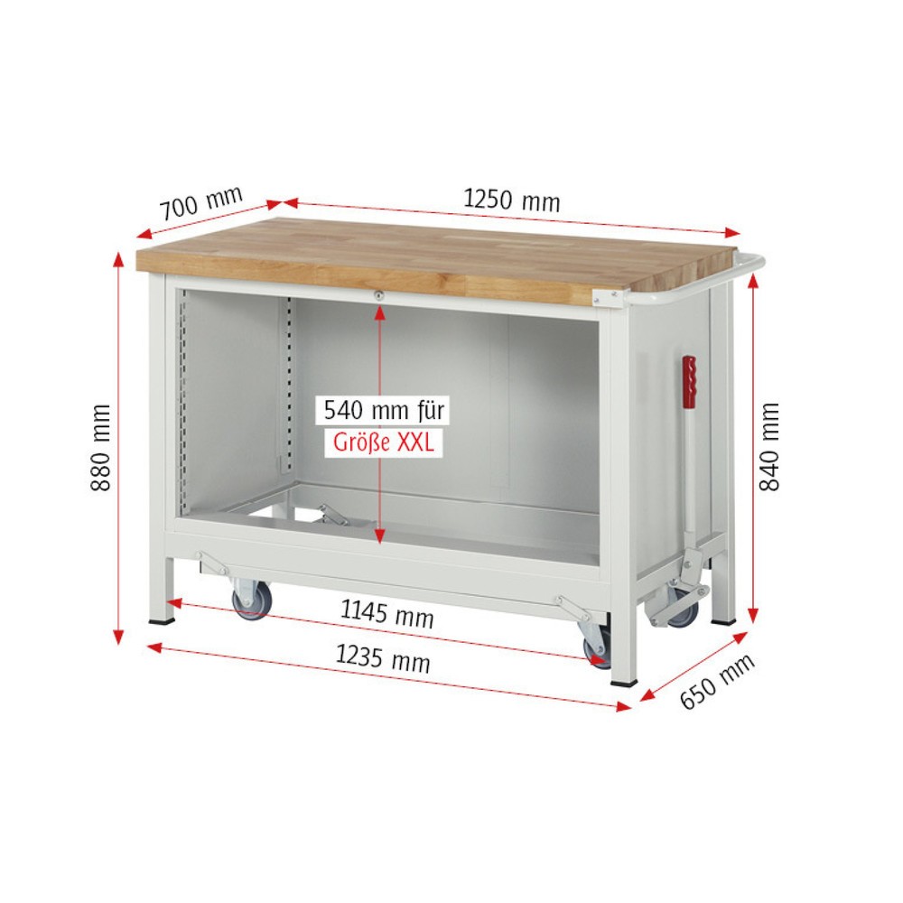 Immagine del prodotto n. 6: Banco da lavoro RAU serie 8000 con telaio abbassabile, 1 contenitore, AxLxP 880 x 1.250 x 700 mm, 2 cassetti estraibili al 90%, portata cassetti 50 kg