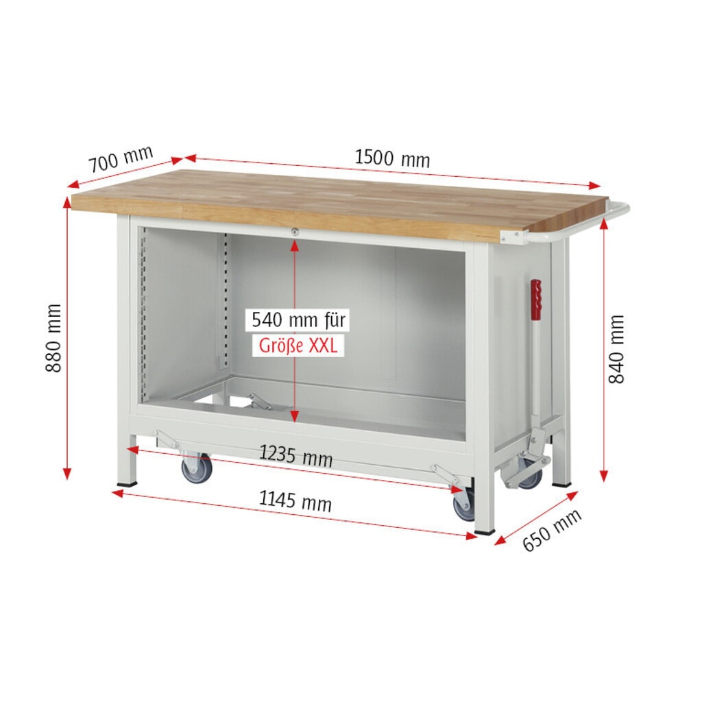 Immagine del prodotto n. 9: Banco da lavoro RAU serie 8000 con telaio abbassabile, 1 contenitore, AxLxP 880 x 1.500 x 700 mm, 2 cassetti estraibili al 100%, portata cassetti 50 kg