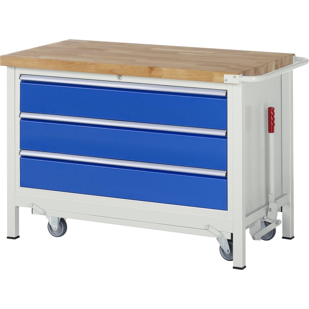 Banco da lavoro RAU serie 8000 con telaio abbassabile, 1 contenitore, AxLxP 880 x 1.250 x 700 mm, 3 cassetti estraibili al 100%, portata cassetti 50 kg Immagine del prodotto: Banco da lavoro RAU serie 8000 con telaio abbassabile, 1 contenitore, AxLxP 880 x 1.250 x 700 mm, 3 cassetti estraibili al 100%, portata cassetti 50 kg