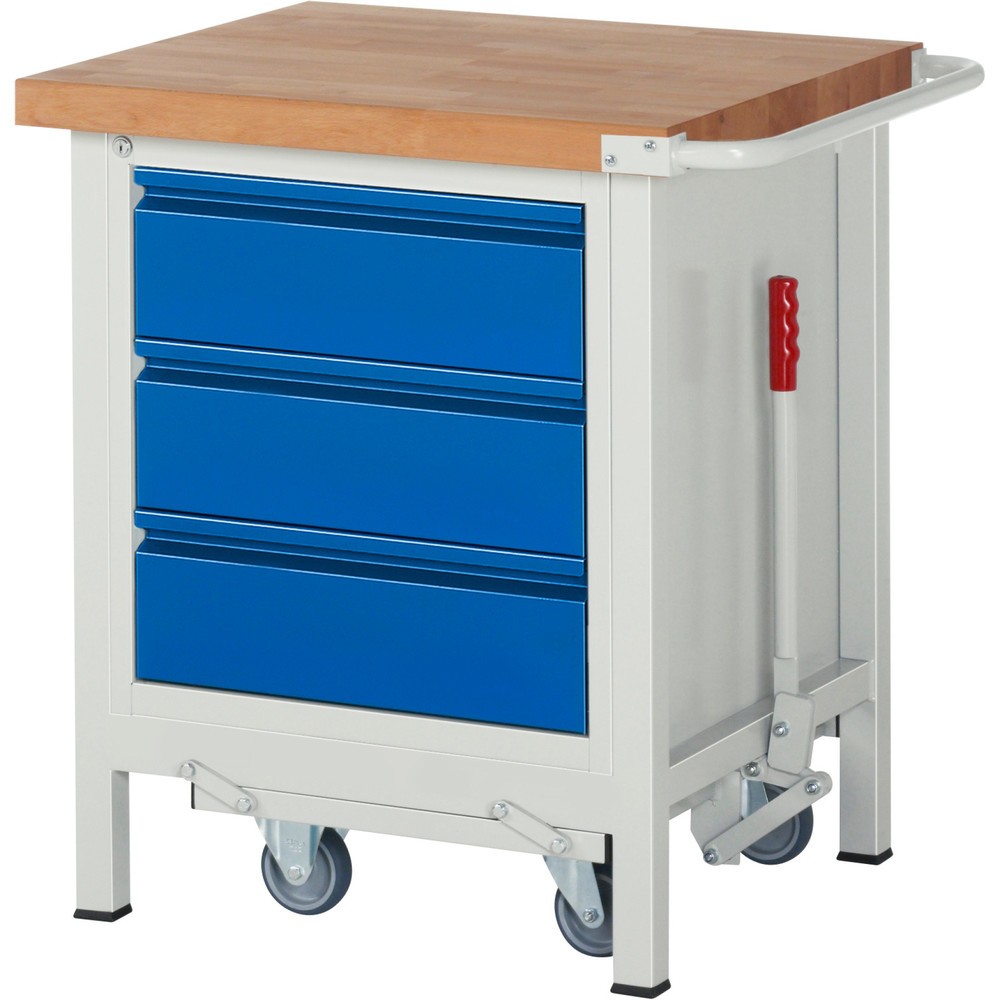 Immagine del prodotto: Banco da lavoro RAU serie 8000 con telaio abbassabile, 1 contenitore, AxLxP 880 x 750 x 700 mm, 3 cassetti estraibili al 90%, portata cassetti 100 kg