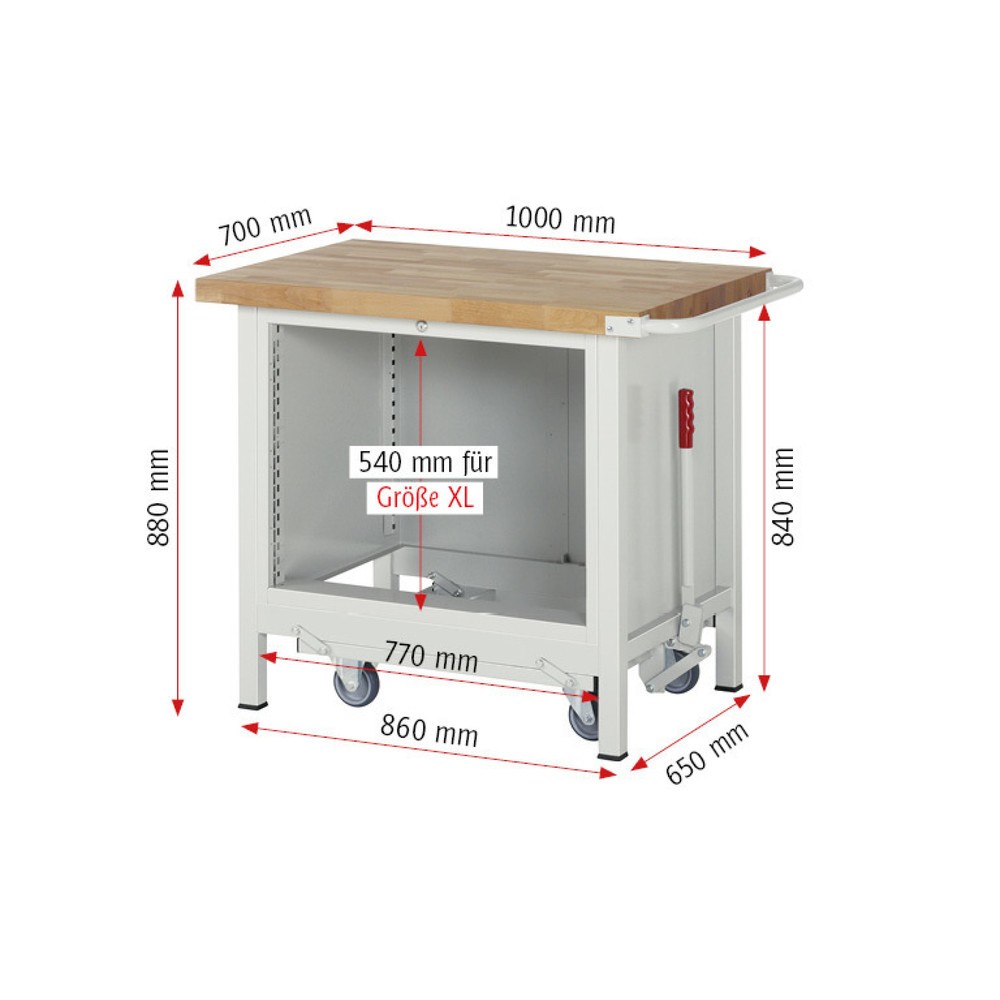 Immagine del prodotto n. 7: Banco da lavoro RAU serie 8000 con telaio abbassabile, 1 contenitore, AxLxP 880 x 1.000 x 700 mm, 2 cassetti estraibili al 100%, portata cassetti 75 kg