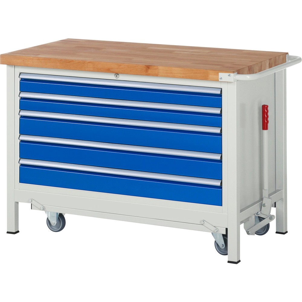Immagine del prodotto n. 1: Banco da lavoro RAU serie 8000 con telaio abbassabile, 1 contenitore, AxLxP 880 x 1.250 x 700 mm, 5 cassetti estraibili al 90%, portata cassetti 50 kg