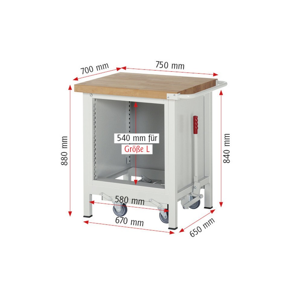 Immagine del prodotto n. 8: Banco da lavoro RAU serie 8000 con telaio abbassabile, 1 contenitore, AxLxP 880 x 750 x 700 mm, 1 cassetto estraibile al 100%, 1 anta battente