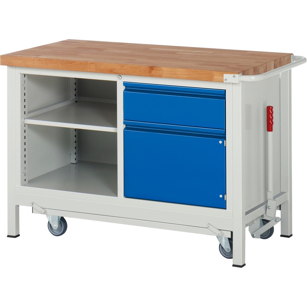 Immagine del prodotto n. 1: Banco da lavoro RAU serie 8000 con telaio abbassabile, 1 contenitore doppio, AxLxP 880 x 1.250 x 700 mm, 1 cassetto, 1 anta battente, 1 ripiano