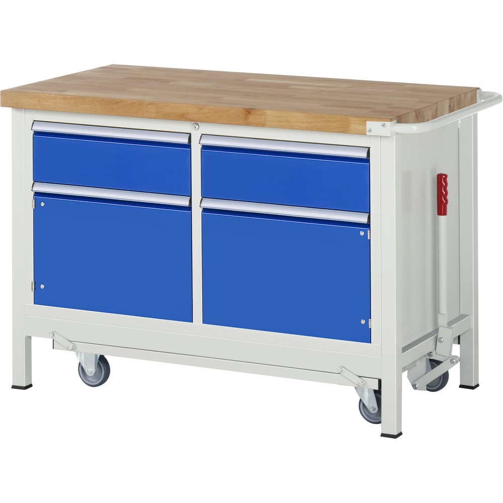 Immagine del prodotto: Banco da lavoro RAU serie 8000 con telaio abbassabile, 1 contenitore doppio, AxLxP 880 x 1.250 x 700 mm, 2 cassetti 2 x 180 mm, 1 anta battente