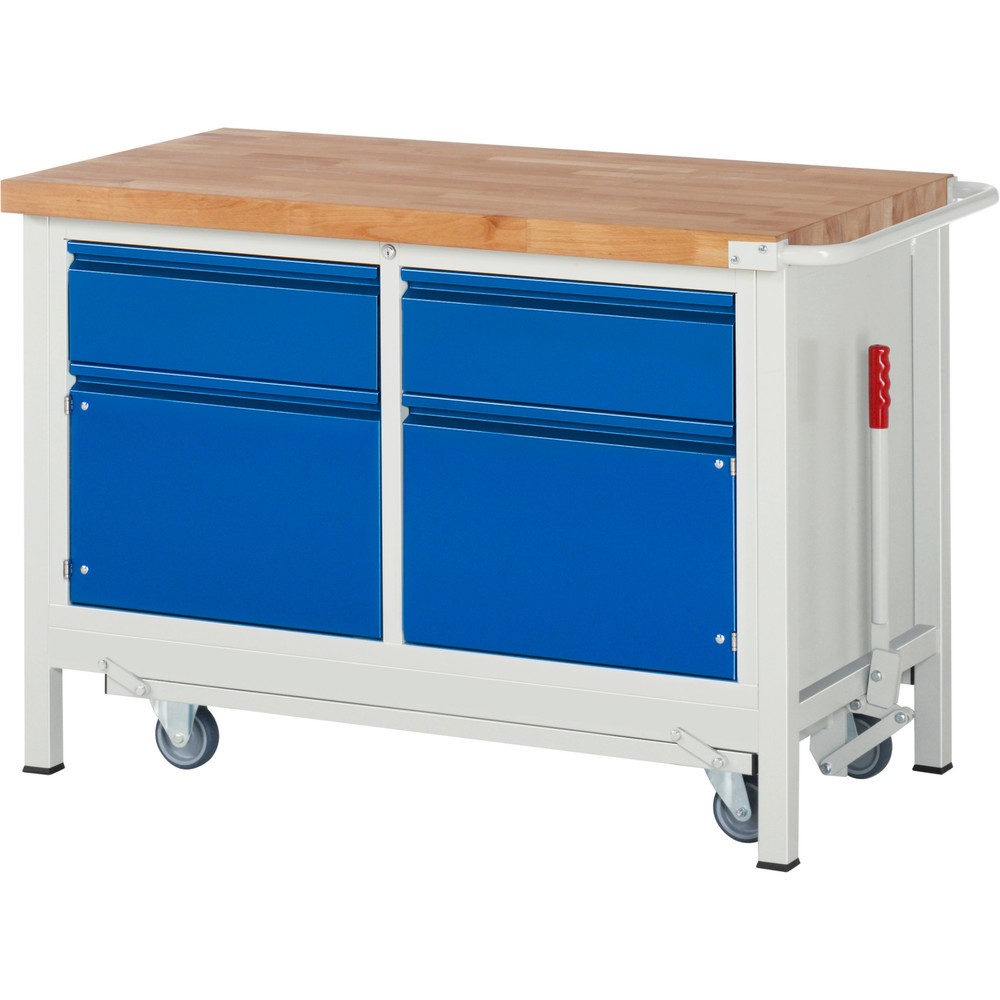 Immagine del prodotto n. 1: Banco da lavoro RAU serie 8000 con telaio abbassabile, 1 contenitore doppio, AxLxP 880 x 1.250 x 700 mm, 2 cassetti, 1 ripiano