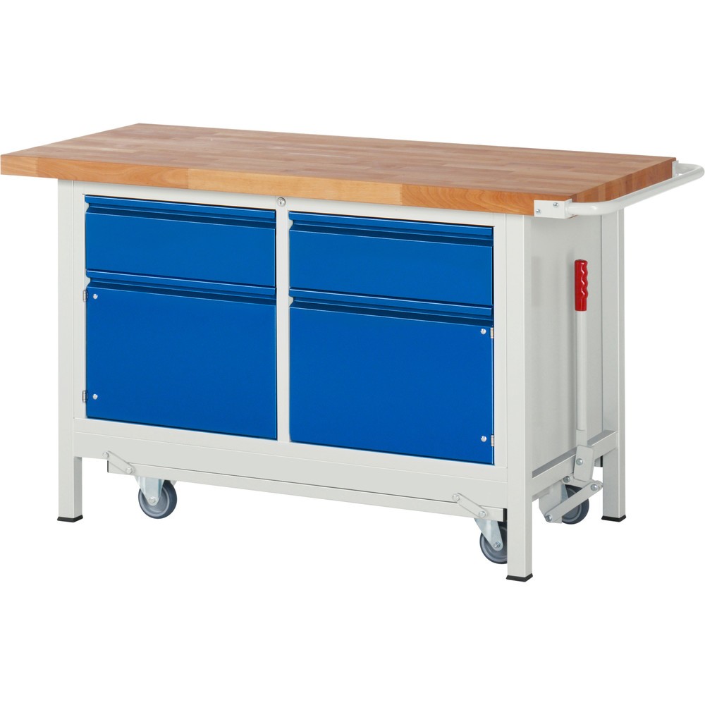 Immagine del prodotto: Banco da lavoro RAU serie 8000 con telaio abbassabile, 1 contenitore doppio, AxLxP 880 x 1.500 x 700 mm, 2 cassetti, 1 ripiano