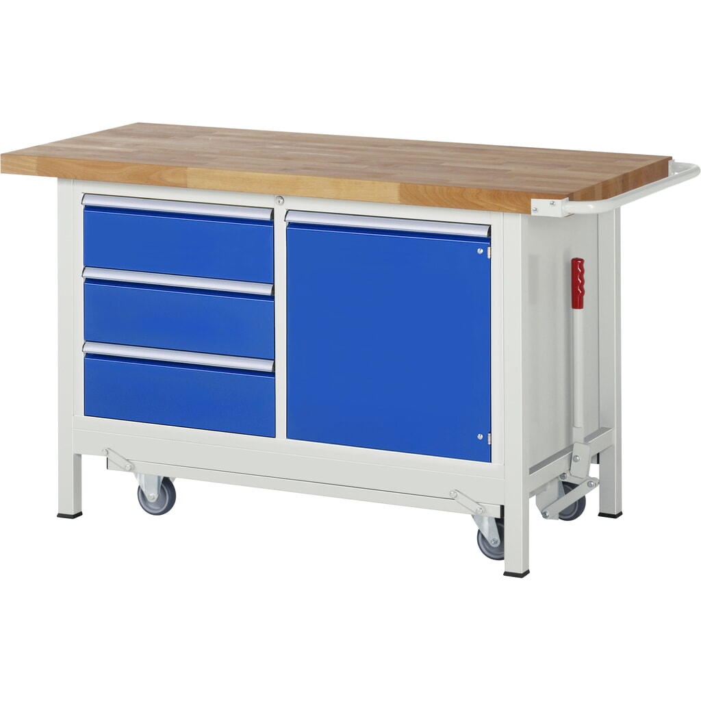 RAU Banco da lavoro con carrello Serie 8000, HxLxP 880 x 1.500 x 700 mm, 1 contenitore doppio nella base, con 3 cassetti e 1 anta battente Immagine del prodotto: RAU Banco da lavoro con carrello Serie 8000, HxLxP 880 x 1.500 x 700 mm, 1 contenitore doppio nella base, con 3 cassetti e 1 anta battente