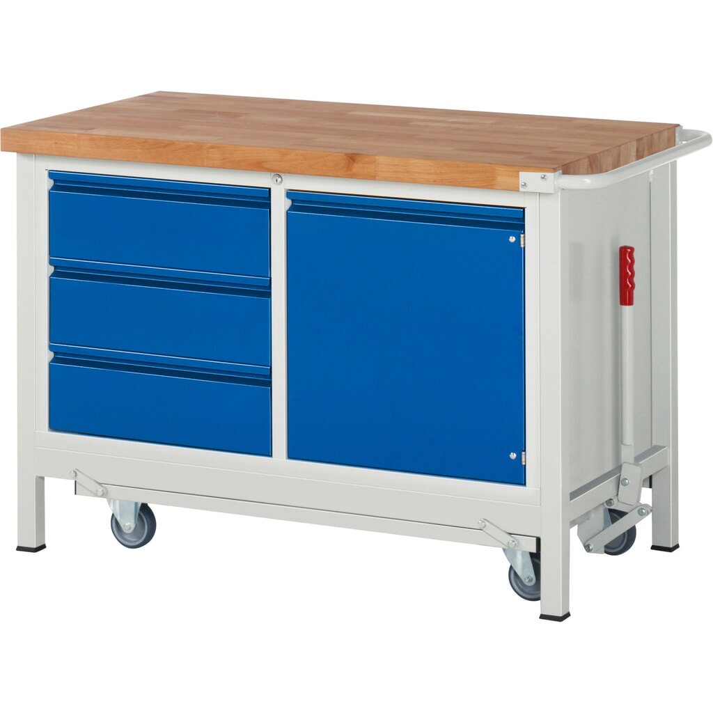 Immagine del prodotto: Banco da lavoro RAU serie 8000 con telaio abbassabile, 1 contenitore doppio, AxLxP 880 x 1.250 x 700 mm, 3 cassetti estraibili al 90%, 1 anta battente, 1 ripiano