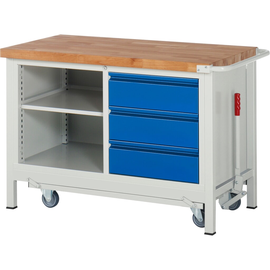 Immagine del prodotto: Banco da lavoro RAU serie 8000 con telaio abbassabile, 1 contenitore doppio, AxLxP 880 x 1.250 x 700 mm, 3 cassetti estraibili al 90%, 1 ripiano