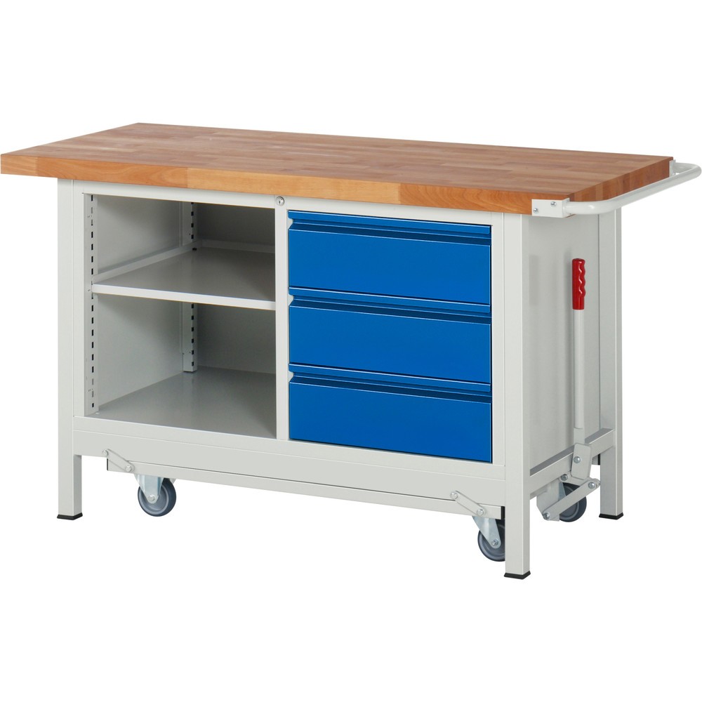Immagine del prodotto n. 1: Banco da lavoro RAU serie 8000 con telaio abbassabile, 1 contenitore doppio, AxLxP 880 x 1.500 x 700 mm, 3 cassetti estraibili al 90%, 1 ripiano