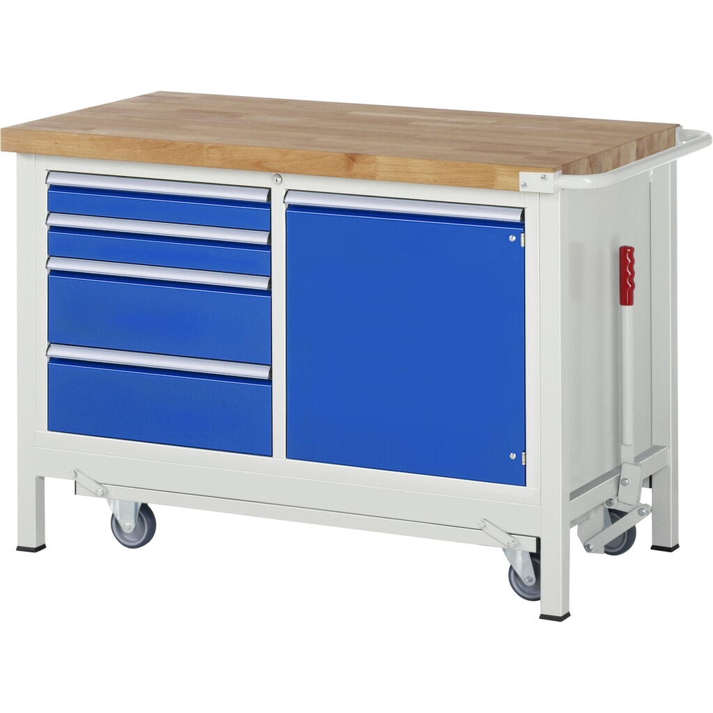 RAU Banco da lavoro con carrello Serie 8000, HxLxP 880 x 1.250 x 700 mm, 1 contenitore doppio nella base, con 4 cassetti e 1 anta battente Immagine del prodotto: RAU Banco da lavoro con carrello Serie 8000, HxLxP 880 x 1.250 x 700 mm, 1 contenitore doppio nella base, con 4 cassetti e 1 anta battente