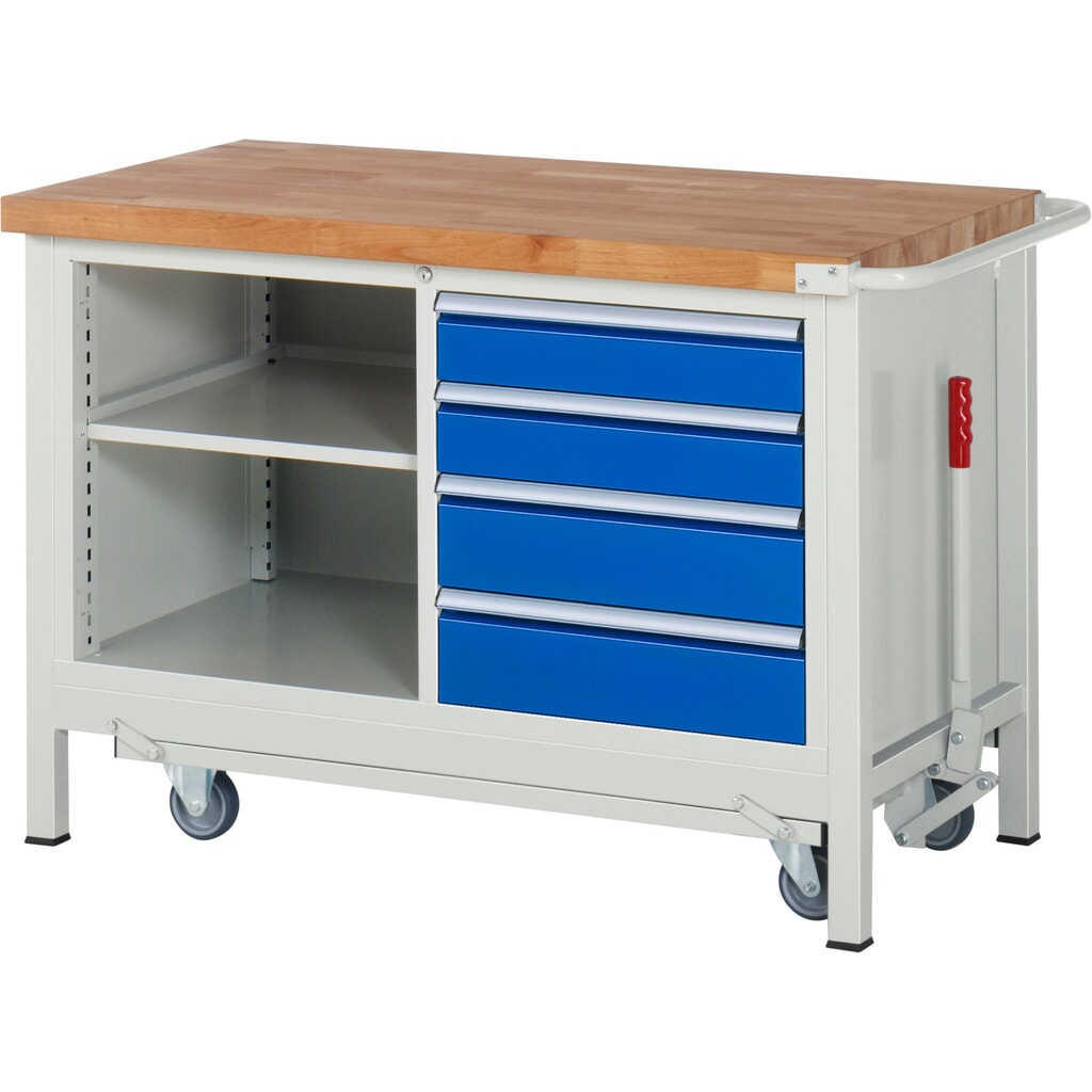 Banco da lavoro RAU serie 8000 con telaio abbassabile, 1 contenitore doppio, AxLxP 880 x 1.250 x 700 mm, 4 cassetti estraibili al 90%, 1 ripiano Immagine del prodotto n. 1: Banco da lavoro RAU serie 8000 con telaio abbassabile, 1 contenitore doppio, AxLxP 880 x 1.250 x 700 mm, 4 cassetti estraibili al 90%, 1 ripiano