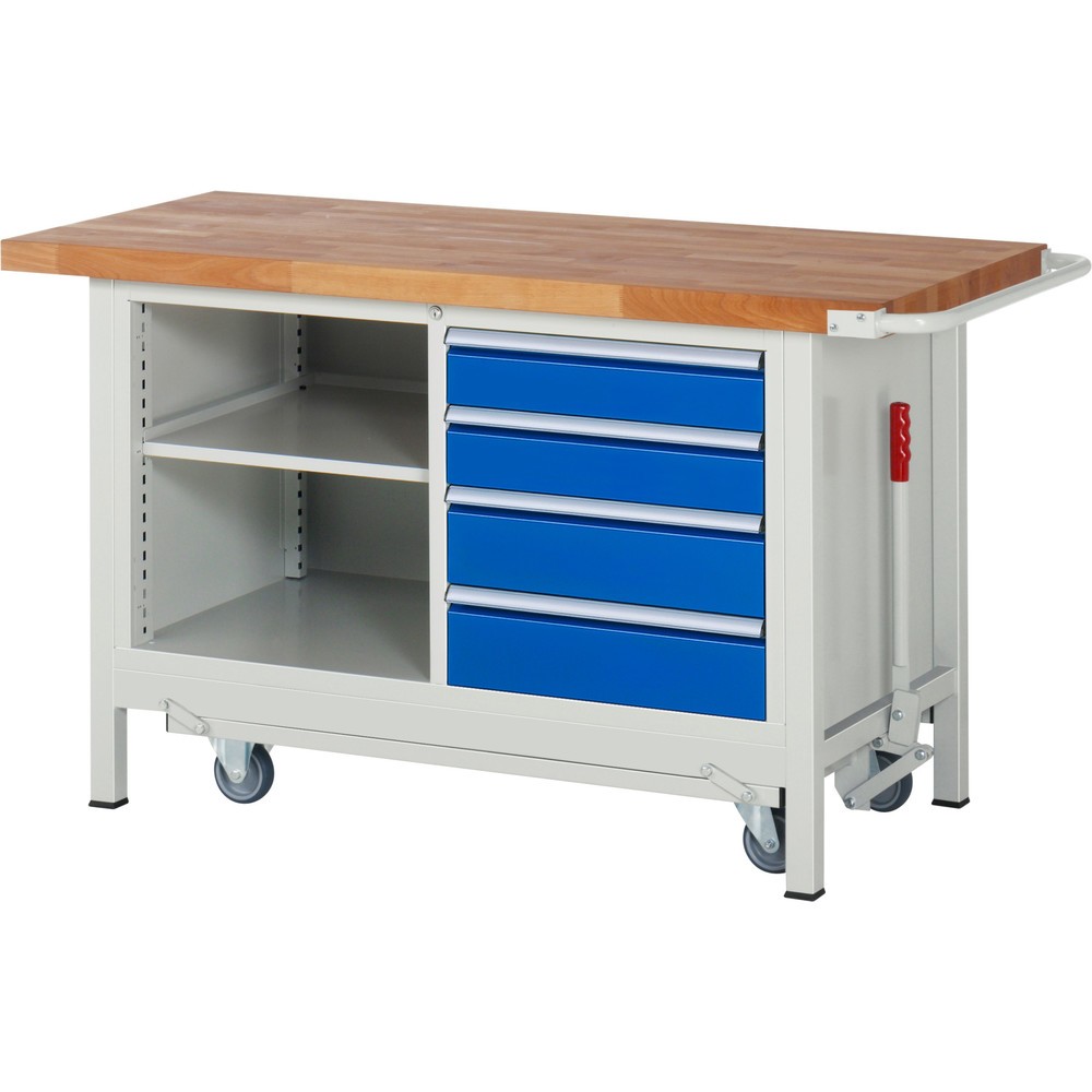 Immagine del prodotto n. 1: Banco da lavoro RAU serie 8000 con telaio abbassabile, 1 contenitore doppio, AxLxP 880 x 1.500 x 700 mm, 4 cassetti estraibili al 100%, 1 ripiano