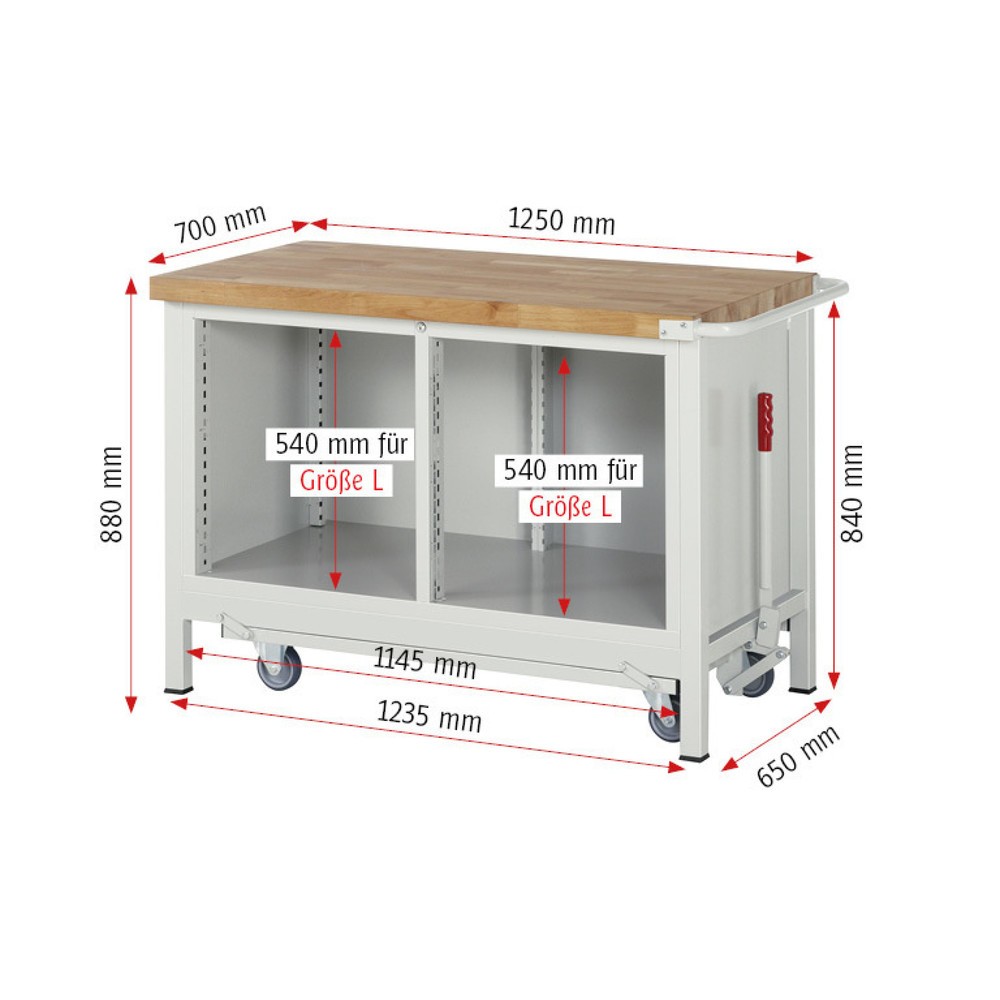 Immagine del prodotto n. 6: Banco da lavoro RAU serie 8000 con telaio abbassabile, 1 contenitore doppio, AxLxP 880 x 1.250 x 700 mm, 8 cassetti 4 x 120 mm, 4 x 150 mm
