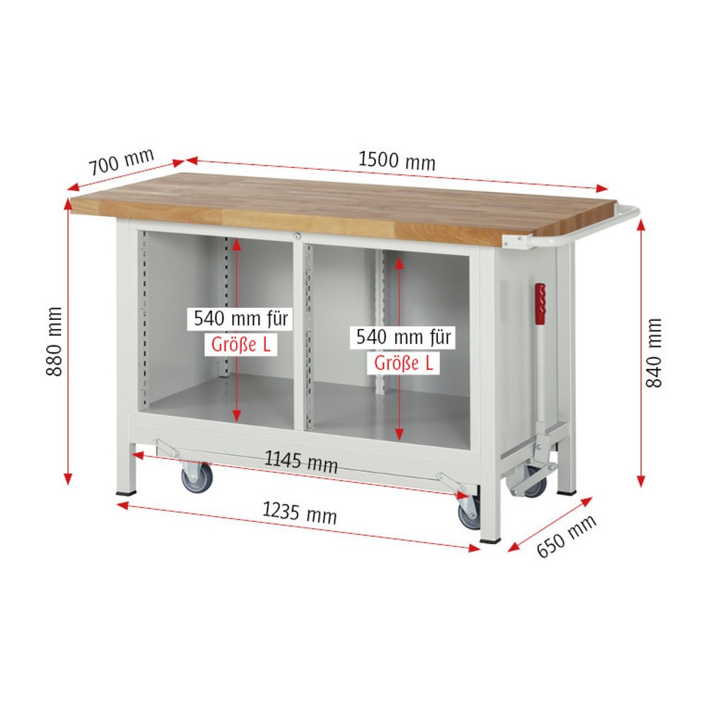 Immagine del prodotto n. 6: Banco da lavoro RAU serie 8000 con telaio abbassabile, 1 contenitore doppio, AxLxP 880 x 1.500 x 700 mm, 8 cassetti 4 x 120 mm, 4 x 150 mm