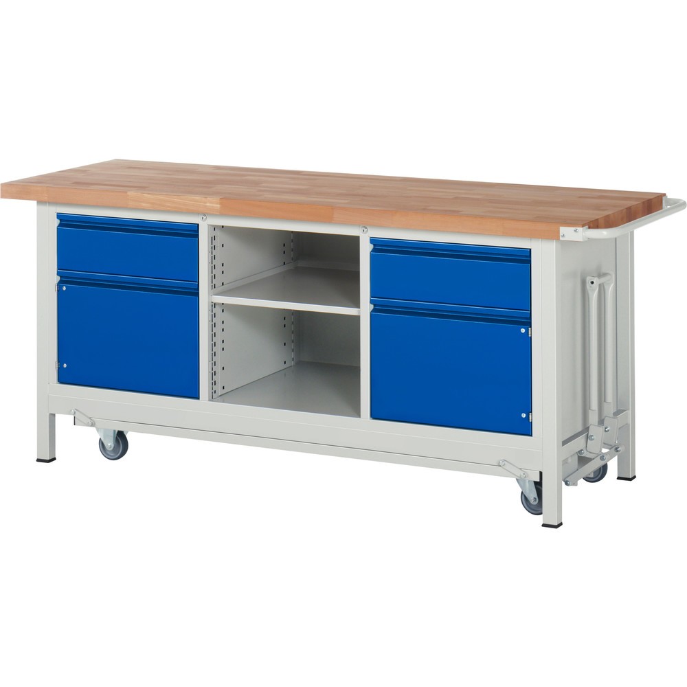 Immagine del prodotto: Banco da lavoro RAU serie 8000 con telaio abbassabile, 1 contenitore triplo, AxLxP 880 x 2.000 x 700 mm, 2 cassetti estraibili al 90% 2 x 180 mm, 1 ripiano, 2 ante battenti