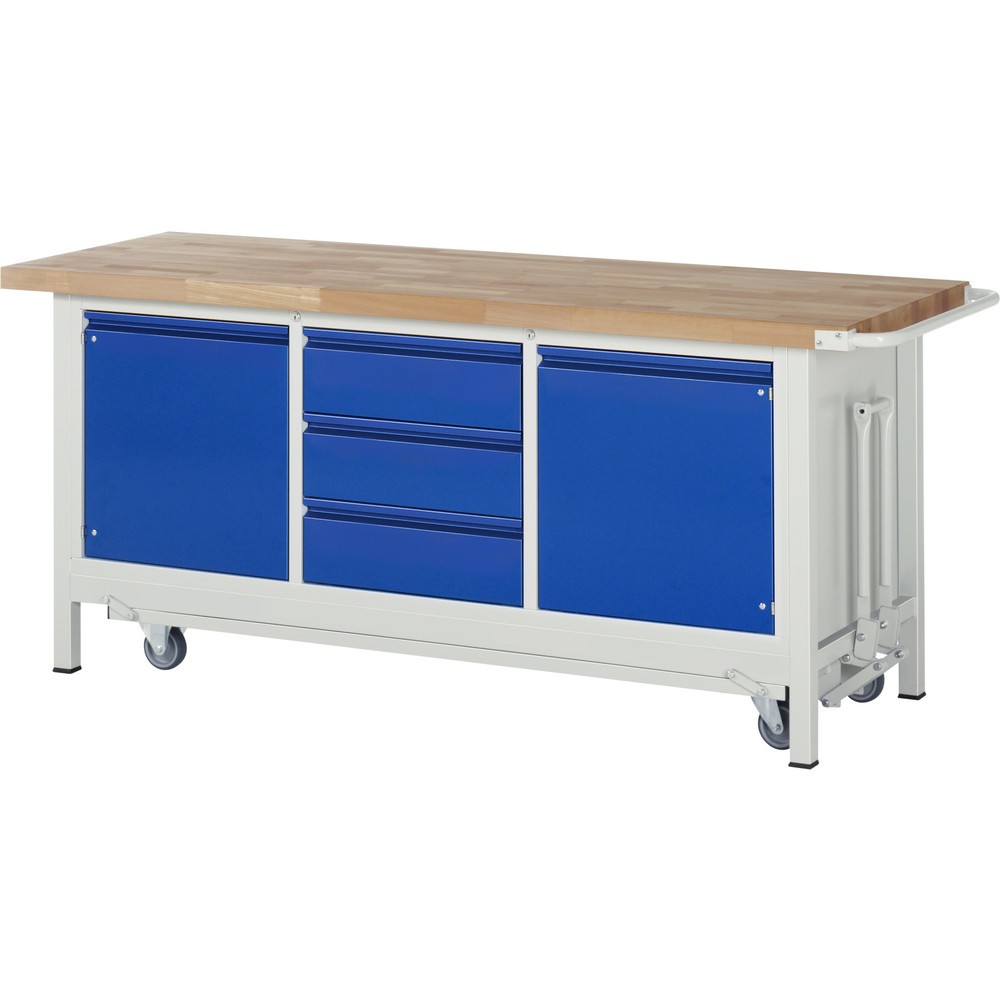 Immagine del prodotto n. 1: Banco da lavoro RAU serie 8000 con telaio abbassabile, 1 contenitore triplo, AxLxP 880 x 2.000 x 700 mm, 3 cassetti estraibili al 90%, 1 ripiano, 2 ante battenti