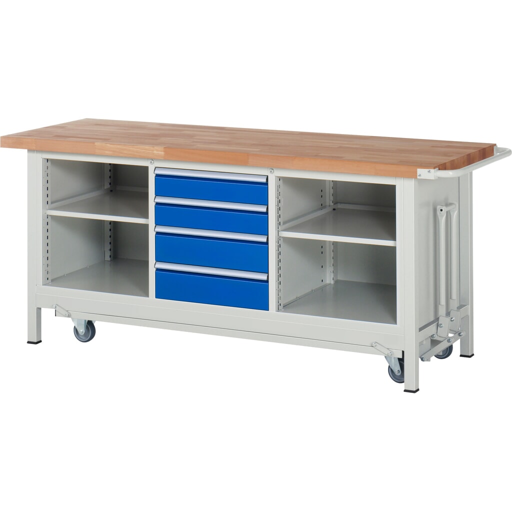 Immagine del prodotto n. 1: Banco da lavoro RAU serie 8000 con telaio abbassabile, 1 contenitore triplo, AxLxP 880 x 2.000 x 700 mm, 4 cassetti estraibili al 90%, 1 ripiano