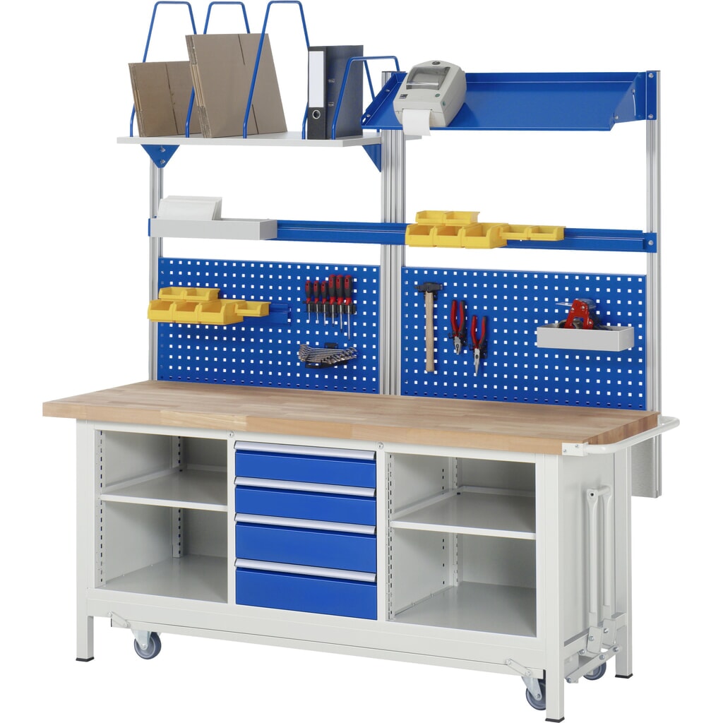 Immagine del prodotto n. 9: Banco da lavoro RAU serie 8000 con telaio abbassabile, 1 contenitore triplo, AxLxP 880 x 2.000 x 700 mm, 4 cassetti estraibili al 90%, 1 ripiano