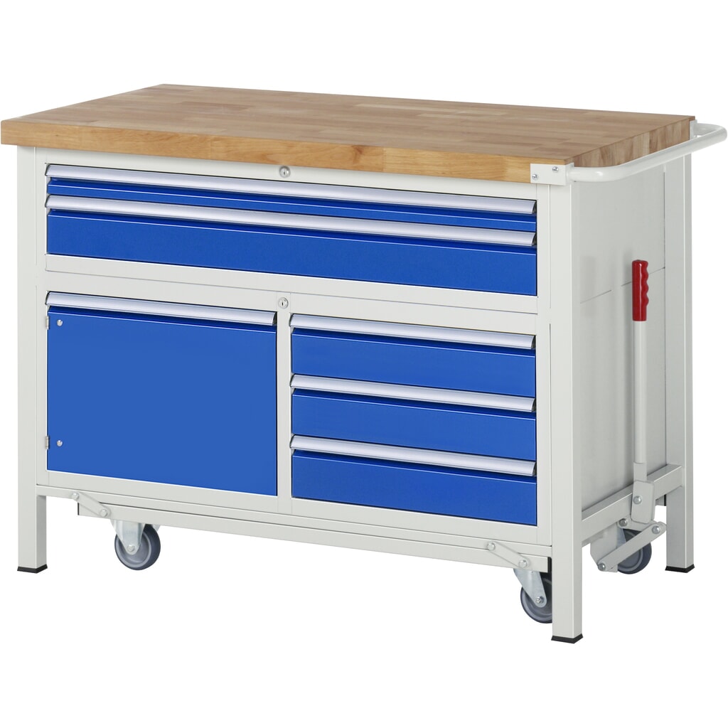 RAU Banco da lavoro con carrello Serie 8000, HxLxP 920 x 1.250 x 700 mm, 1 contenitore triplo nella base, con 5 cassetti e 1 anta battente Immagine del prodotto: RAU Banco da lavoro con carrello Serie 8000, HxLxP 920 x 1.250 x 700 mm, 1 contenitore triplo nella base, con 5 cassetti e 1 anta battente